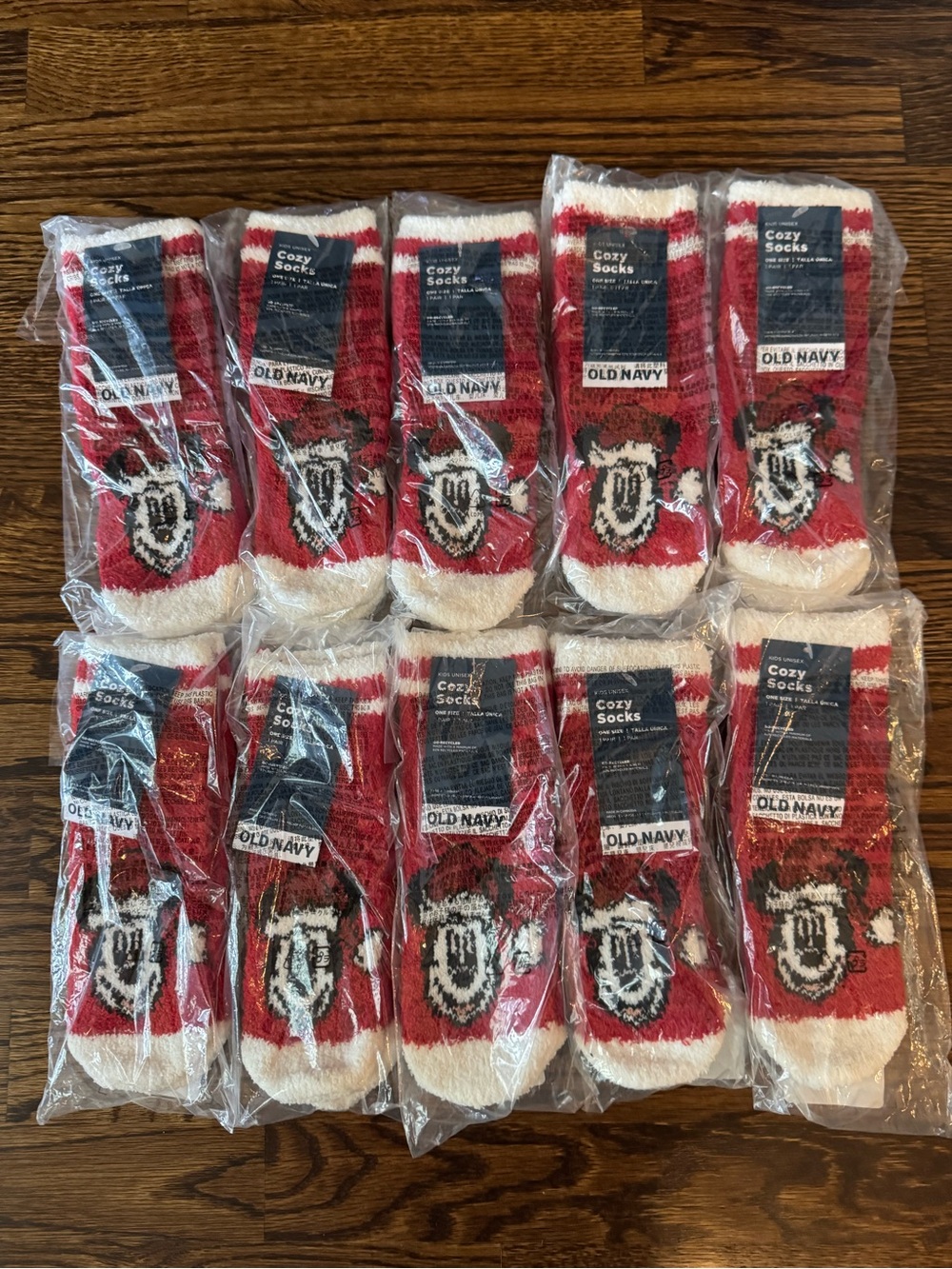 Old Navy Red and White Cozy Youth Socks - Mickey Christmas Pattern, Pack of 10